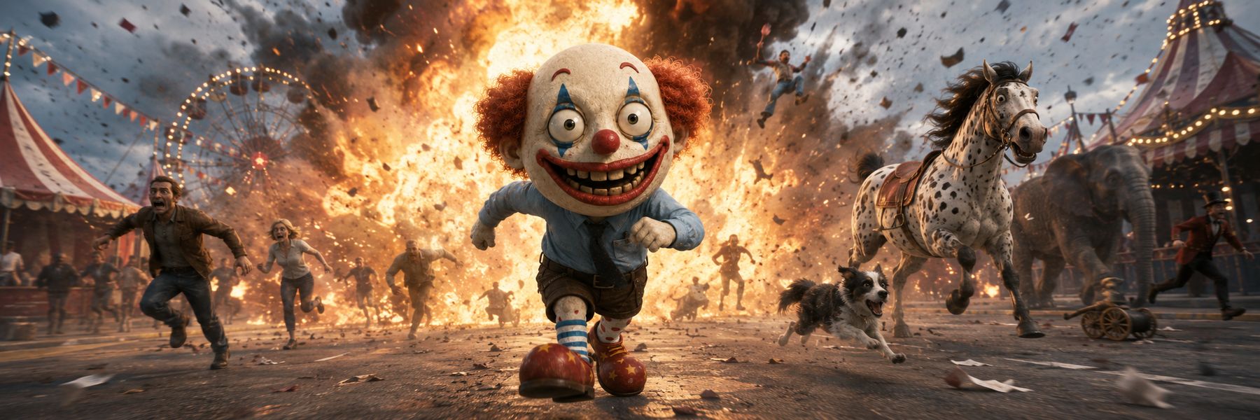 CLOWN walking away from an exploding circus